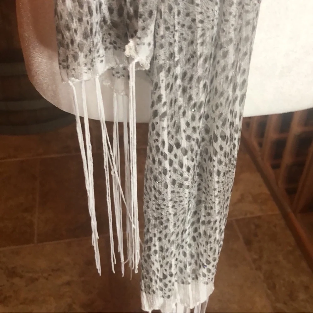 Scarf Grey/White Sheer Print with Sparkle Bling & Tassels